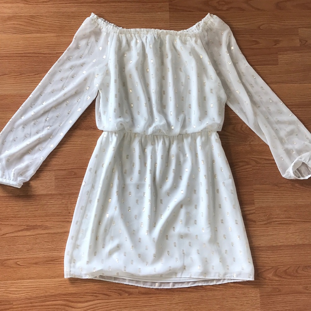 Stunning white and gold off the shoulder dress